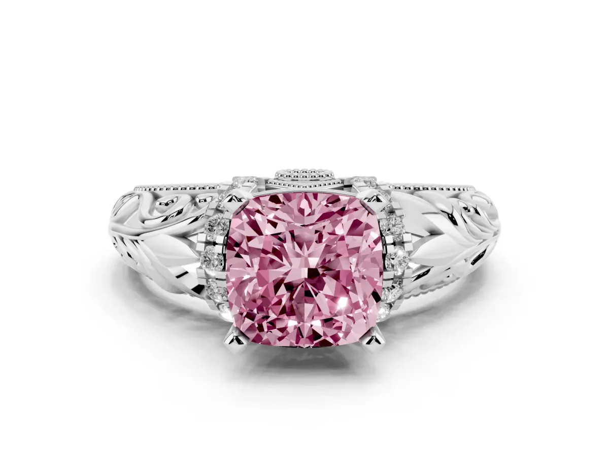 Fancy Pink Cushion Cut Solitaire Filigree Engagement Ring with Halo and Prong Setting Silver