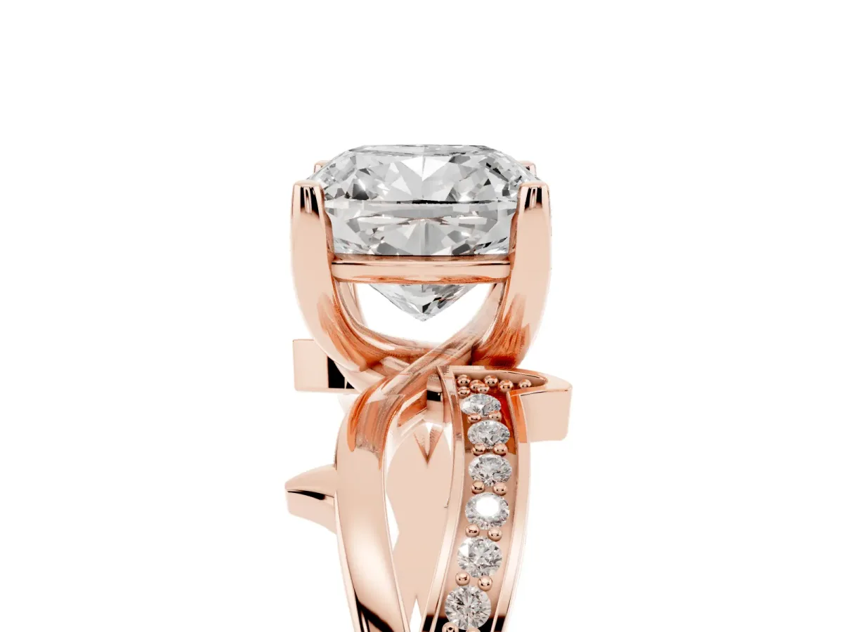 Cushion Cut Solitaire Twist Band with Pavé Accents and Four-Prong Setting Rose gold