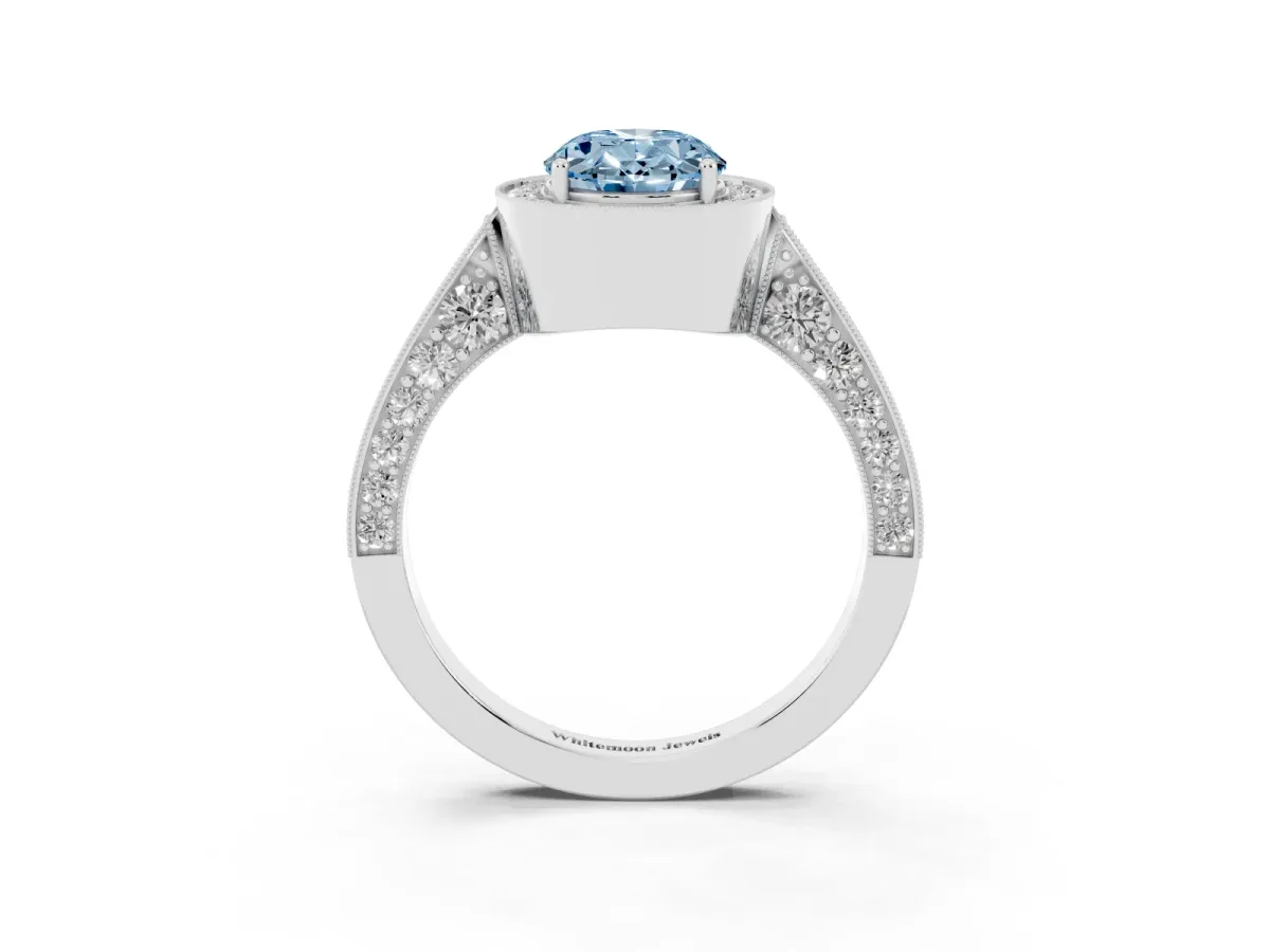 Fancy Blue Oval Cut Halo Diamond Engagement Ring with Split Shank Band and Four-Prong Setting Silver