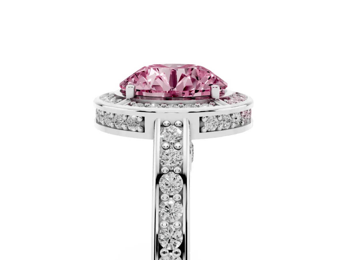 Fancy Pink Round Cut Cut Halo Pave Split Shank Prong Setting Ring White gold
