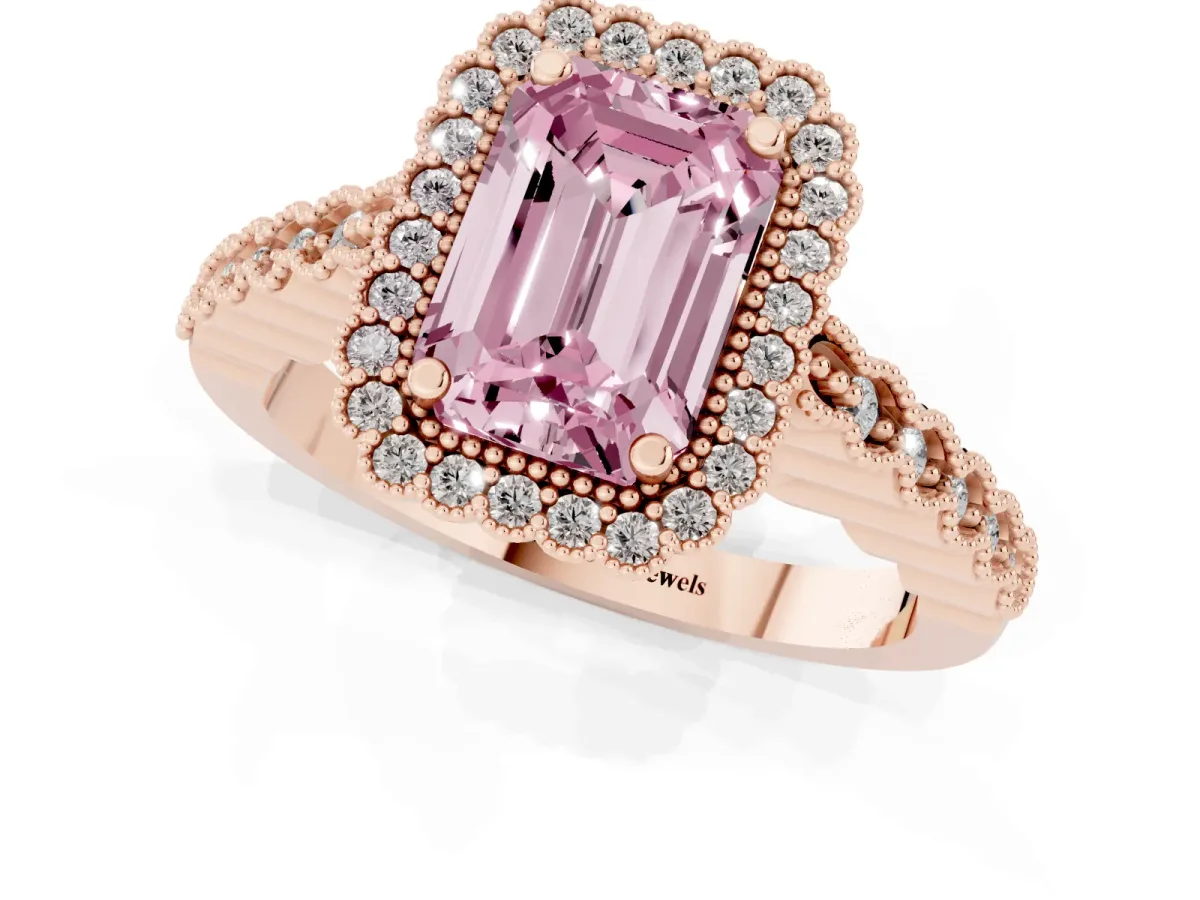Fancy Pink Emerald Cut Cut Halo Pavé Solitaire Ring with Milgrain Band Rose gold