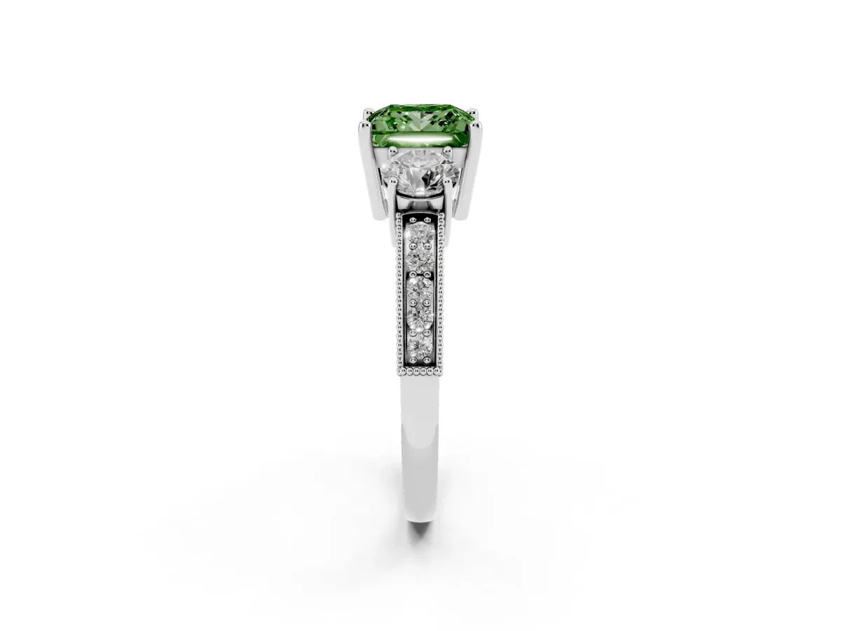 Fancy Green Princess Cut Three-Stone Diamond Ring with Pavé Band and Four-Prong Setting Silver