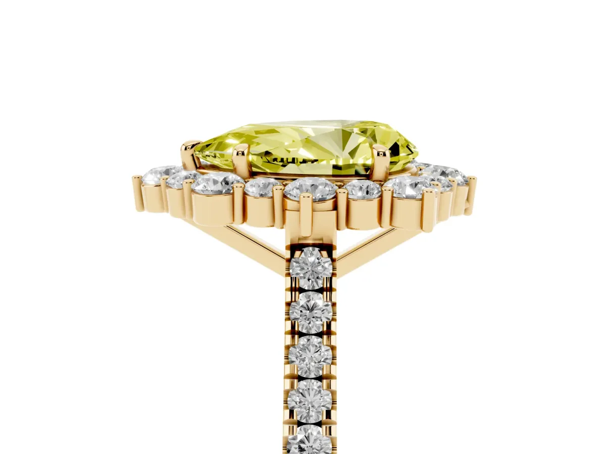 Fancy Yellow Pear Cut Halo Diamond Ring with Pavé Band and Prong Setting Yellow gold