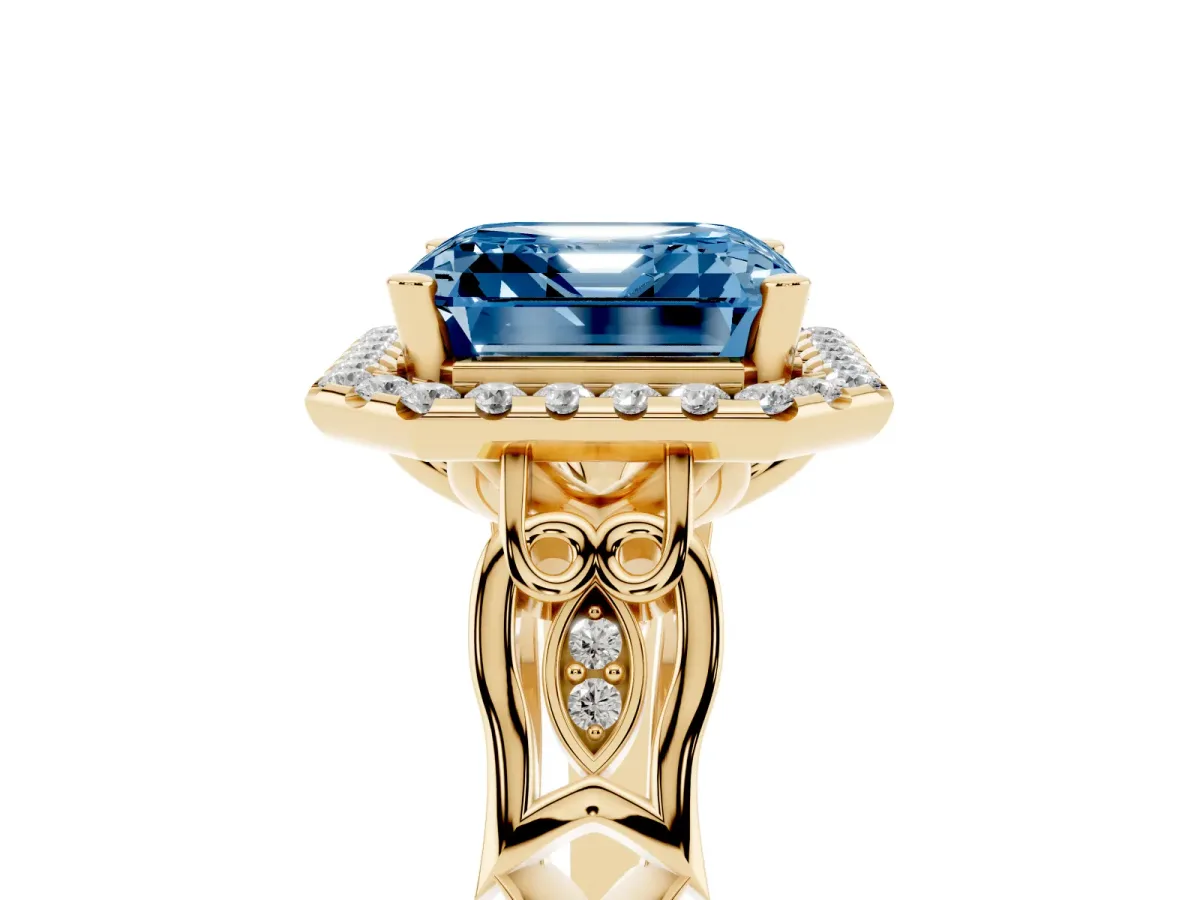 Fancy Blue Asscher Cut Halo Diamond Engagement Ring with Filigree Band and Four-Prong Setting Yellow gold