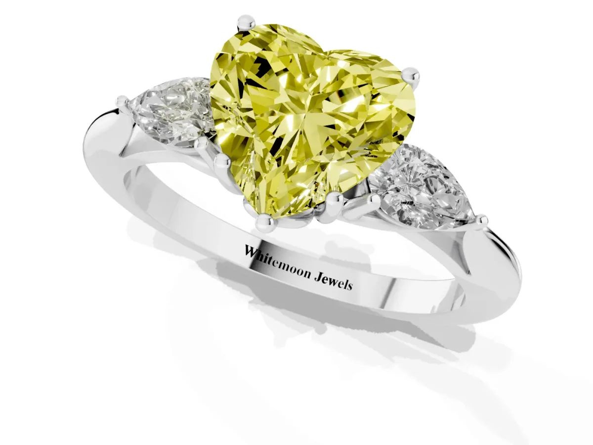Fancy Yellow Heart Cut Diamond Three-Stone Ring with Pear Side Stones and Prong Setting Silver