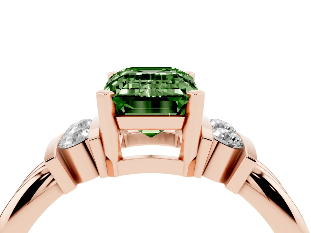 Fancy Green Emerald Cut Cut Three-Stone Channel Set Ring with Bar Prongs Rose gold