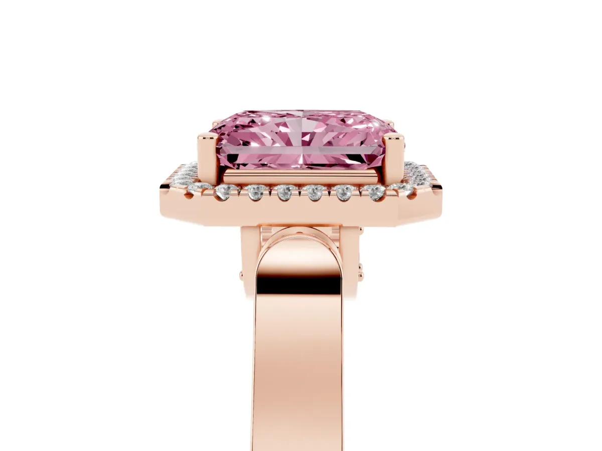 Fancy Pink Radiant Cut Halo Pave Split Shank Prong Setting Ring Rose gold