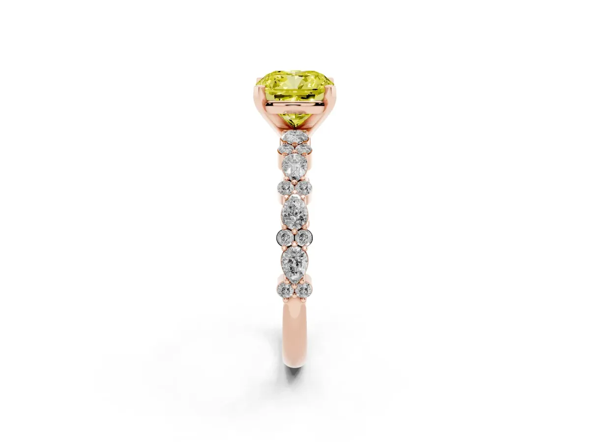 Fancy Yellow Cushion Cut Diamond Side Stone Solitaire Ring with Round and Four-Prong Setting Rose gold