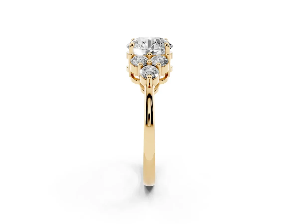 Round Cut Brilliant Diamond Cluster Accent Solitaire Ring with Prong Setting Yellow gold