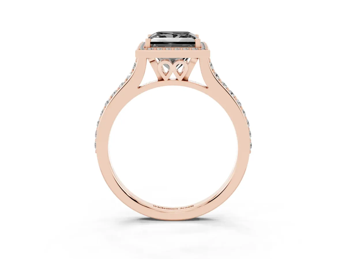 Fancy Black Princess Cut Diamond Halo Engagement Ring with Round Pavé Shoulders and Prong Setting Rose gold