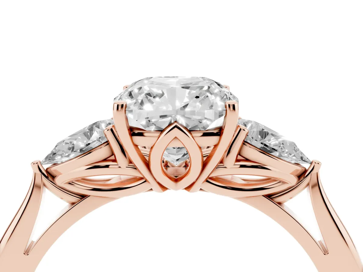 Three-Stone Cushion Cut Brilliant Diamond Solitaire Ring with Tapered Band and Four-Prong Setting Rose gold