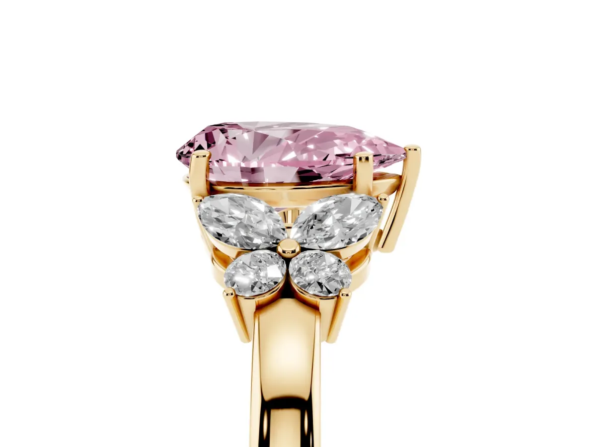 Fancy Pink Pear Cut Cut Solitaire Floral Diamond Ring with Four-Prong Setting Yellow gold