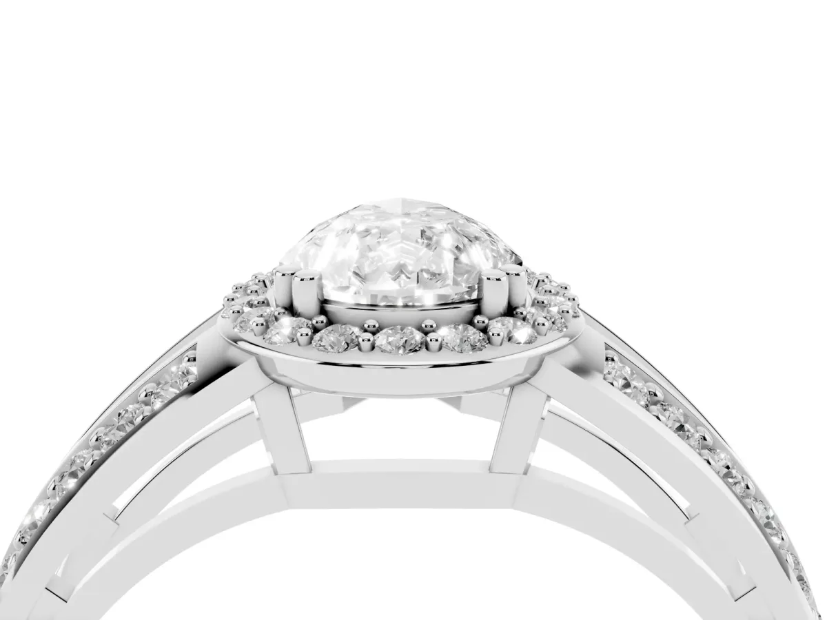 Pear Cut Diamond Halo Ring with Split Shank Pavé Band and Four-Prong Setting Silver