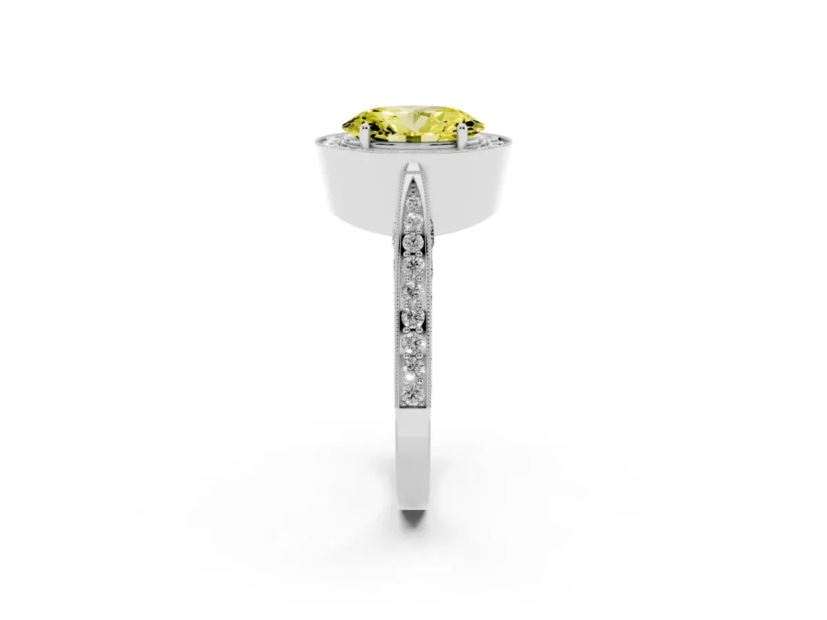 Fancy Yellow Oval Cut Halo Diamond Engagement Ring with Split Shank Band and Four-Prong Setting Silver