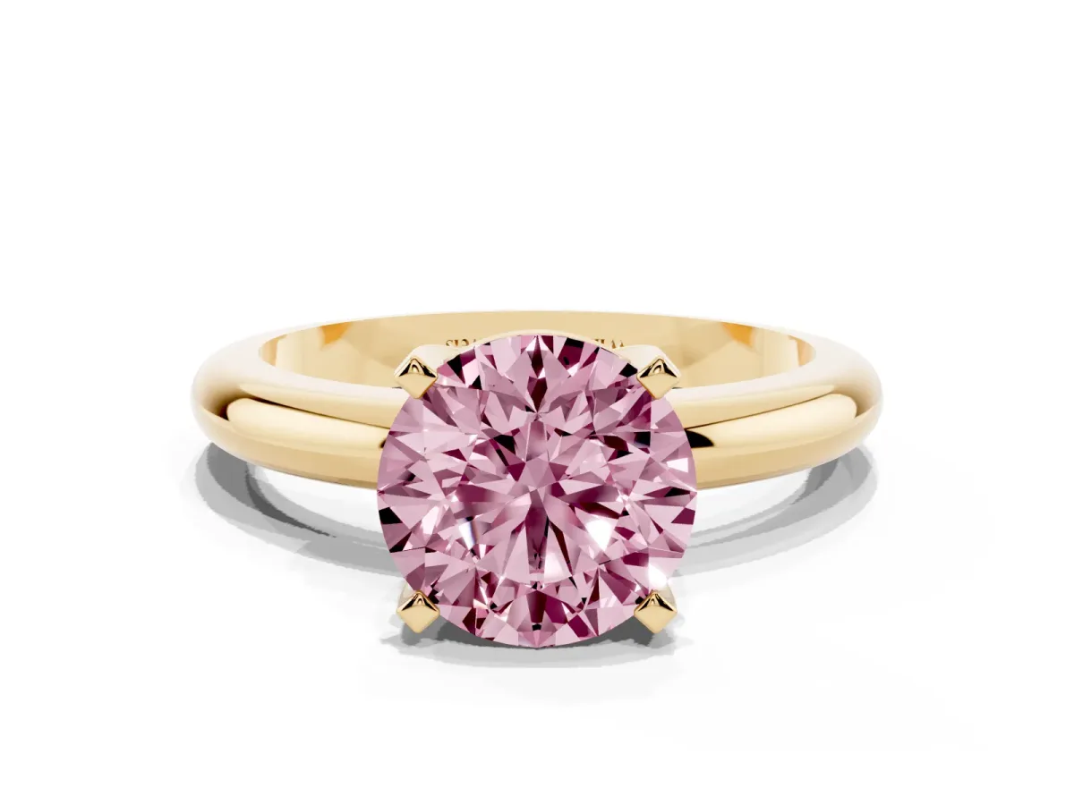 Fancy Pink Round Cut Diamond Solitaire Engagement Ring with Round Band and Four-Prong Setting Yellow gold