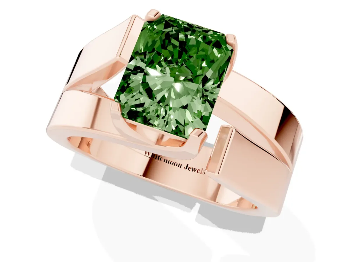 Fancy Green Modern Tension Set Radiant Cut Diamond Solitaire Wide Band Ring Rose gold