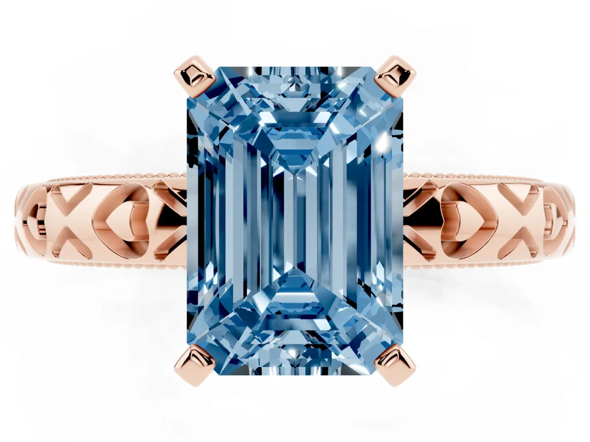 Fancy Blue Emerald Cut Solitaire Diamond Engagement Ring with XO Engraved Band and Four-Prong Setting Rose gold