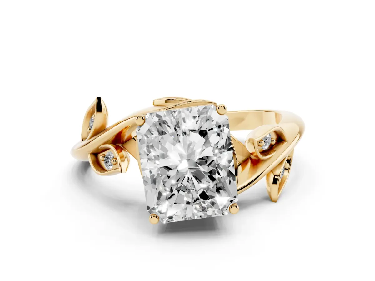 Radiant Cut Solitaire Twist Engagement Ring with Leaf Accents and Prong Setting Yellow gold