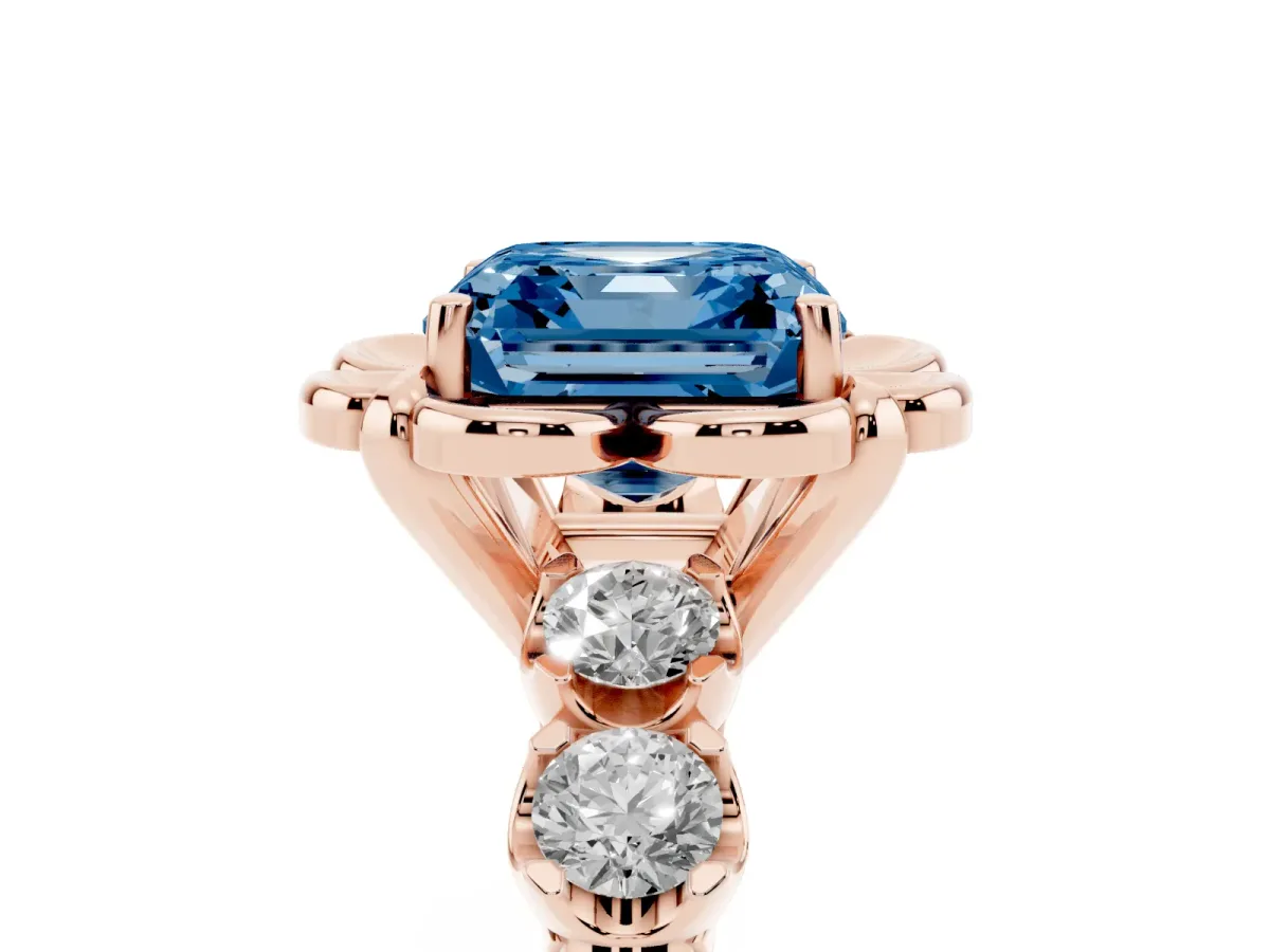 Fancy Blue Asscher Cut Cut Diamond Floral Halo Engagement Ring with Shared Prong Setting Rose gold