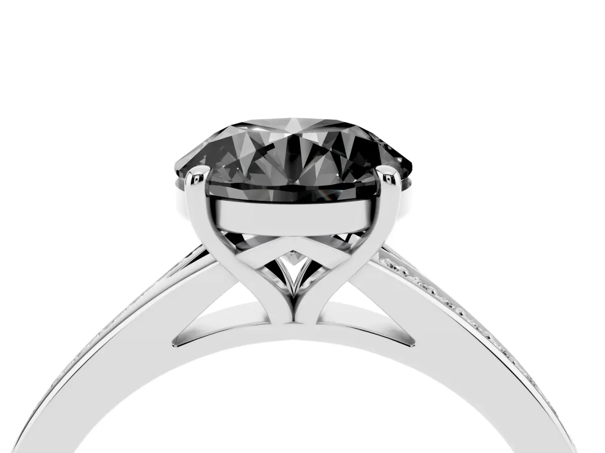 Fancy Black Round Cut Diamond Solitaire Ring with Pavé Band and Prong Setting Silver