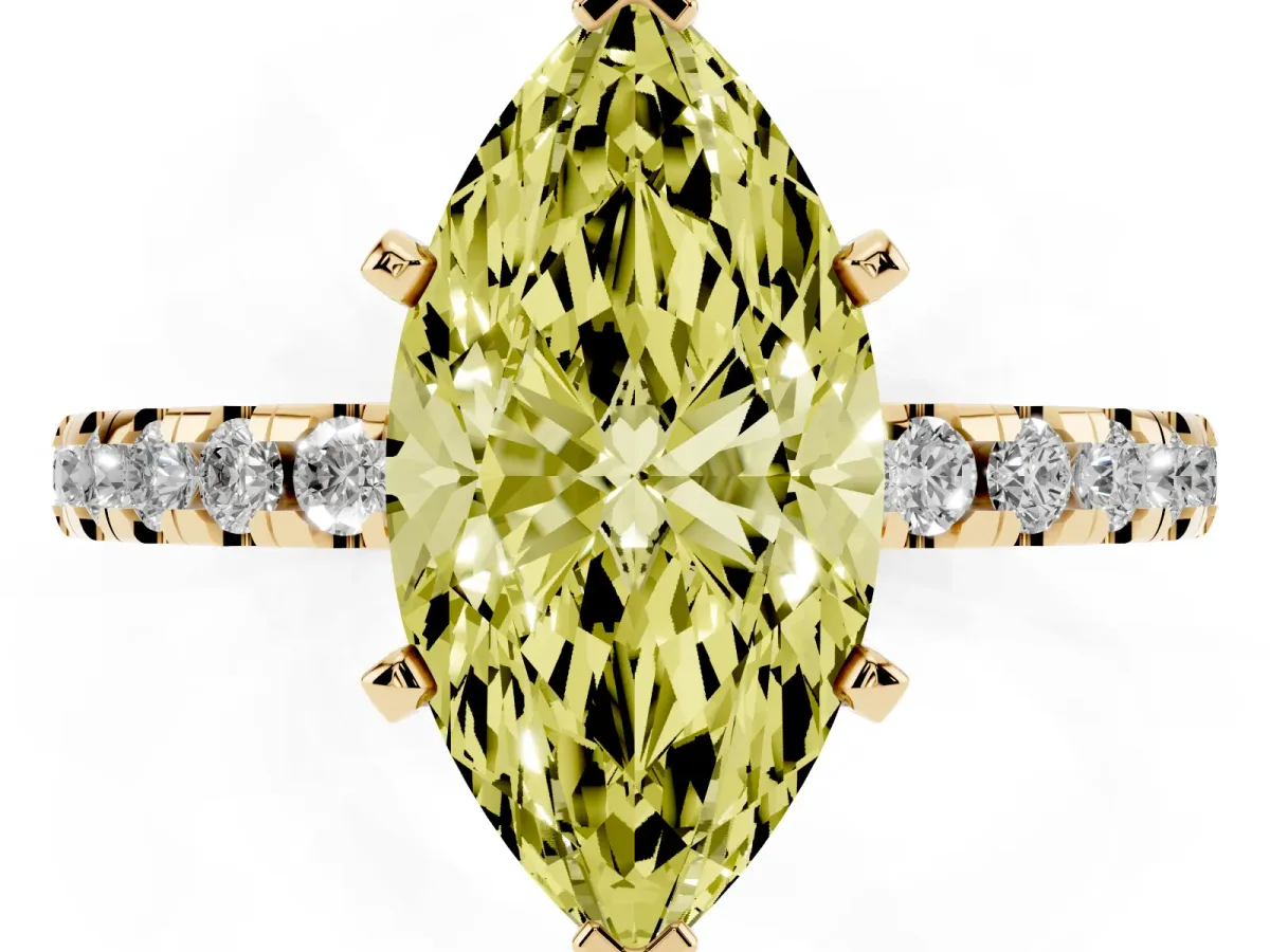 Fancy Yellow Marquise Cut Diamond Solitaire Ring with Round Pavé Band and Four-Prong Setting Yellow gold