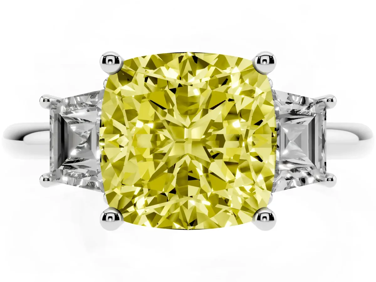 Fancy Yellow Cushion Cut Diamond Three-Stone Ring with Trapezoid Side Stones and Prong Setting Silver