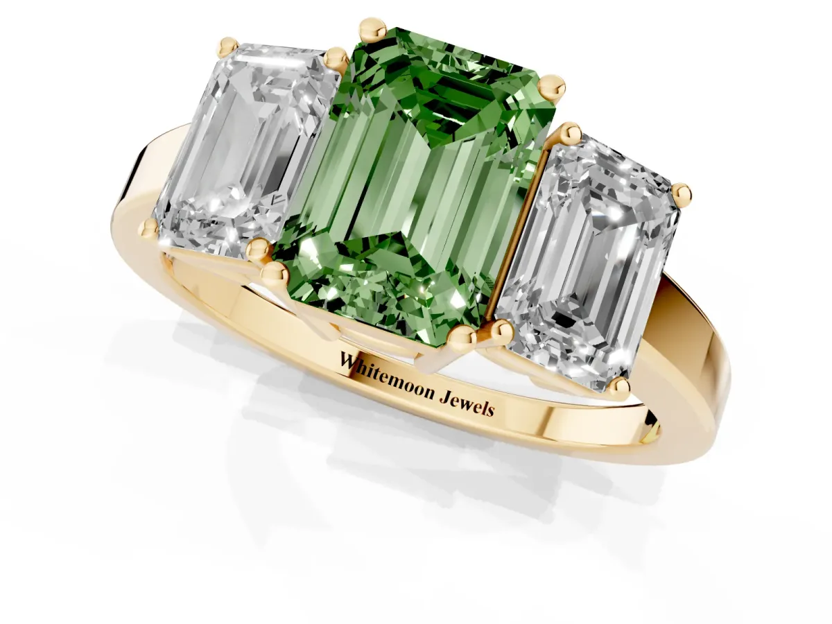 Fancy Green Three-Stone Emerald Cut Cut Diamond Engagement Ring with Flat Band and Four-Prong Setting Yellow gold