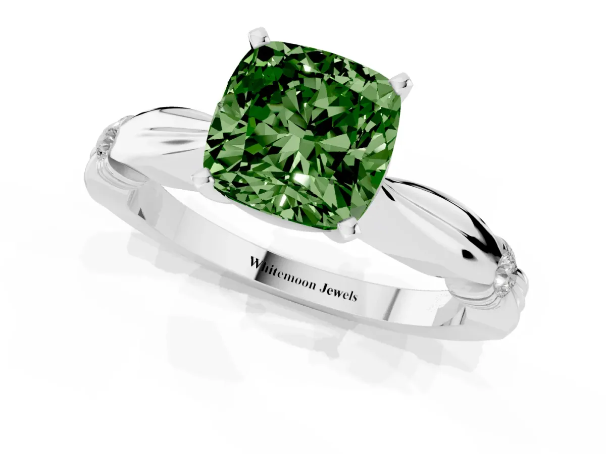 Fancy Green Cushion Cut Solitaire Diamond Twisted Band with Four-Prong Setting Platinum