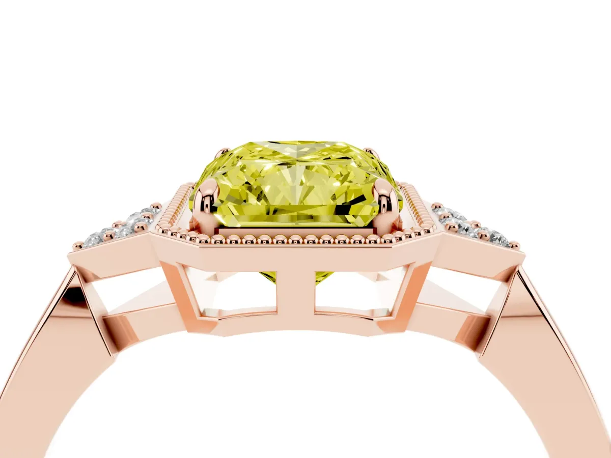 Fancy Yellow Hexagonal Halo Radiant Cut Diamond Solitaire with Pavé Band and Four-Prong Setting Rose gold
