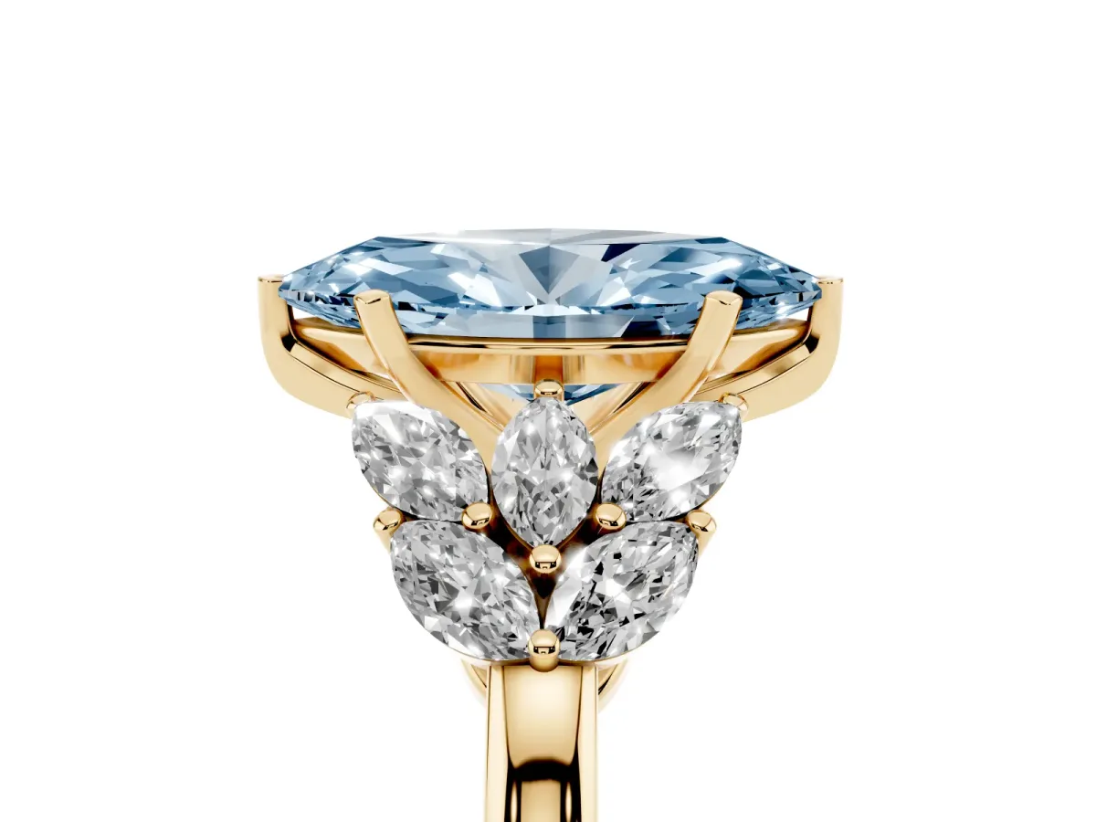 Fancy Blue Marquise Cut Diamond Cluster Leaf Design Ring with Prong Setting Yellow gold