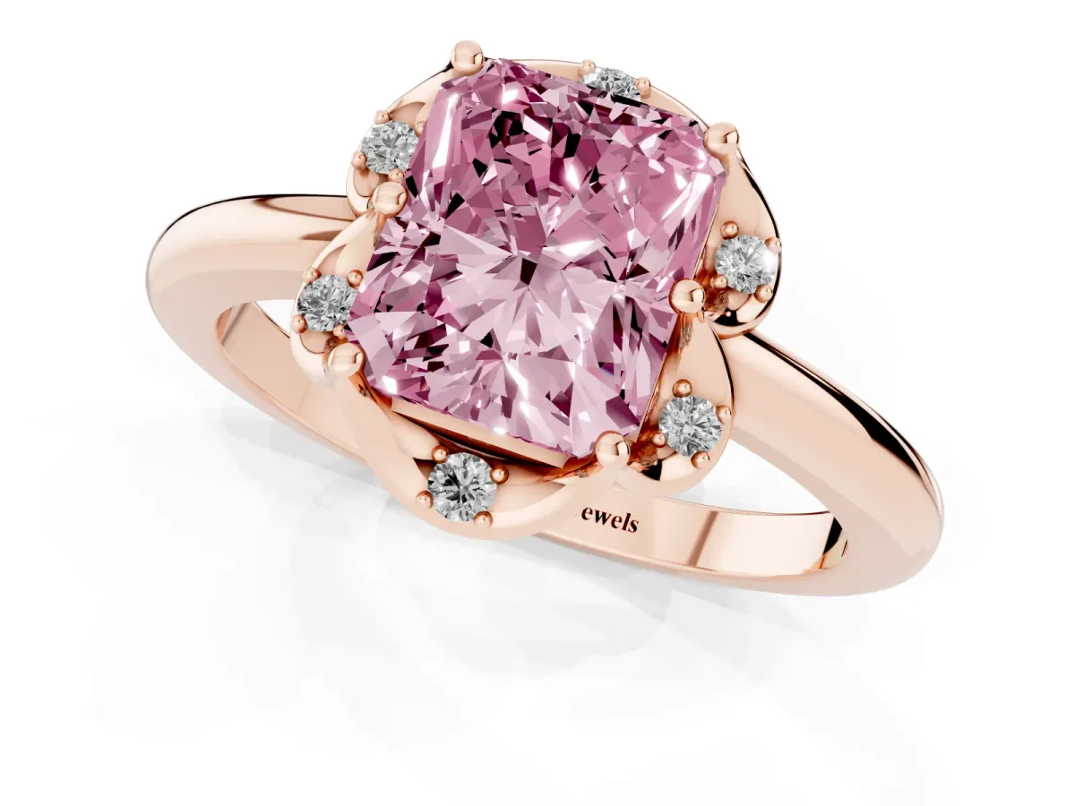 Fancy Pink Radiant Cut Halo Diamond Ring with Round Cluster Setting, Solitaire Band, and Four-Prong Setting Rose gold