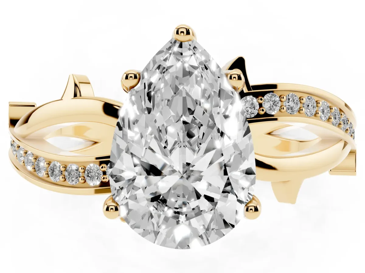 Pear Cut Solitaire Twist Band with Pavé Accents and Four-Prong Setting Yellow gold