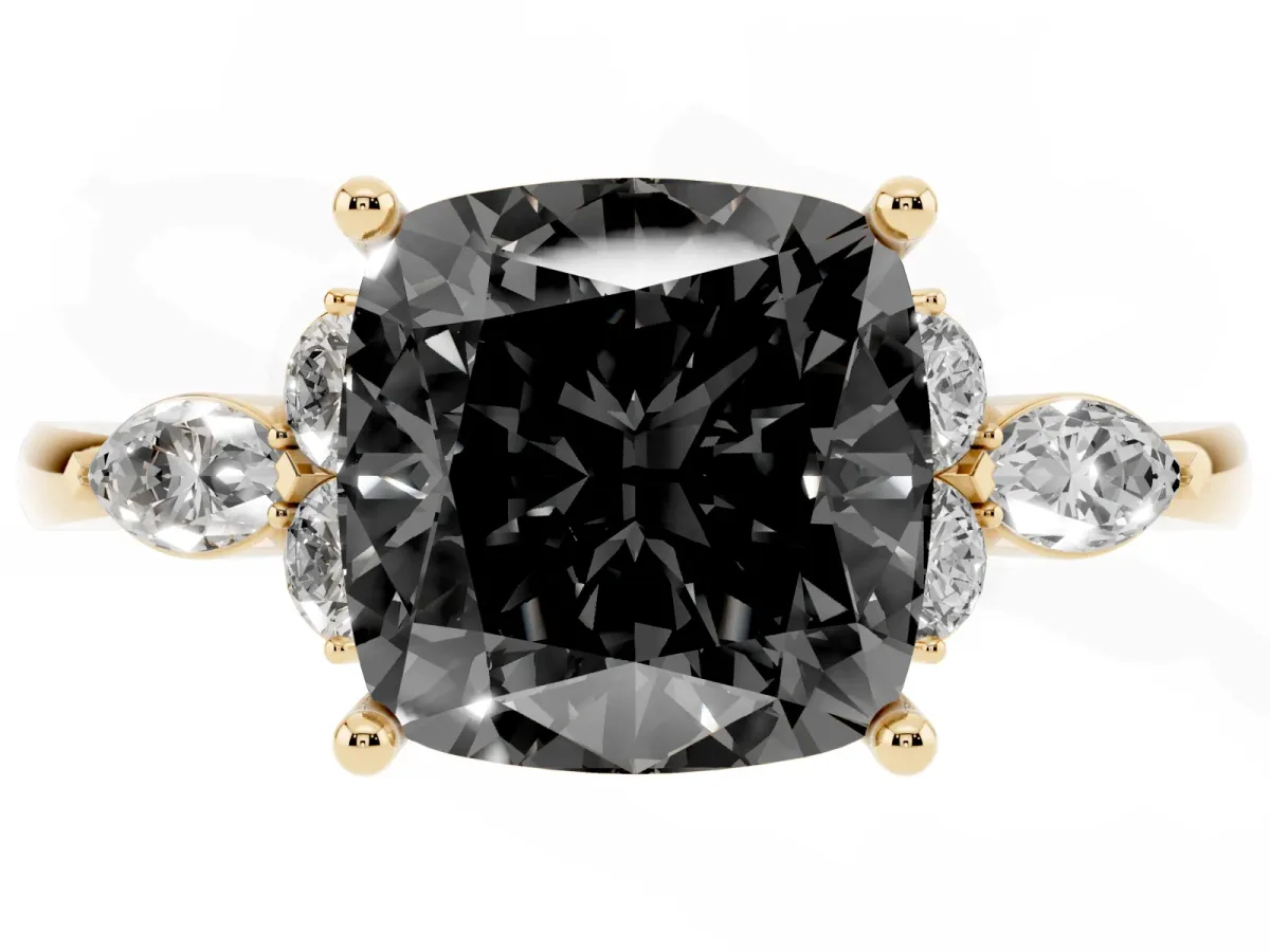 Fancy Black Cushion Cut Brilliant Diamond Solitaire Ring with Pear Side Stones and Four-Prong Setting Yellow gold