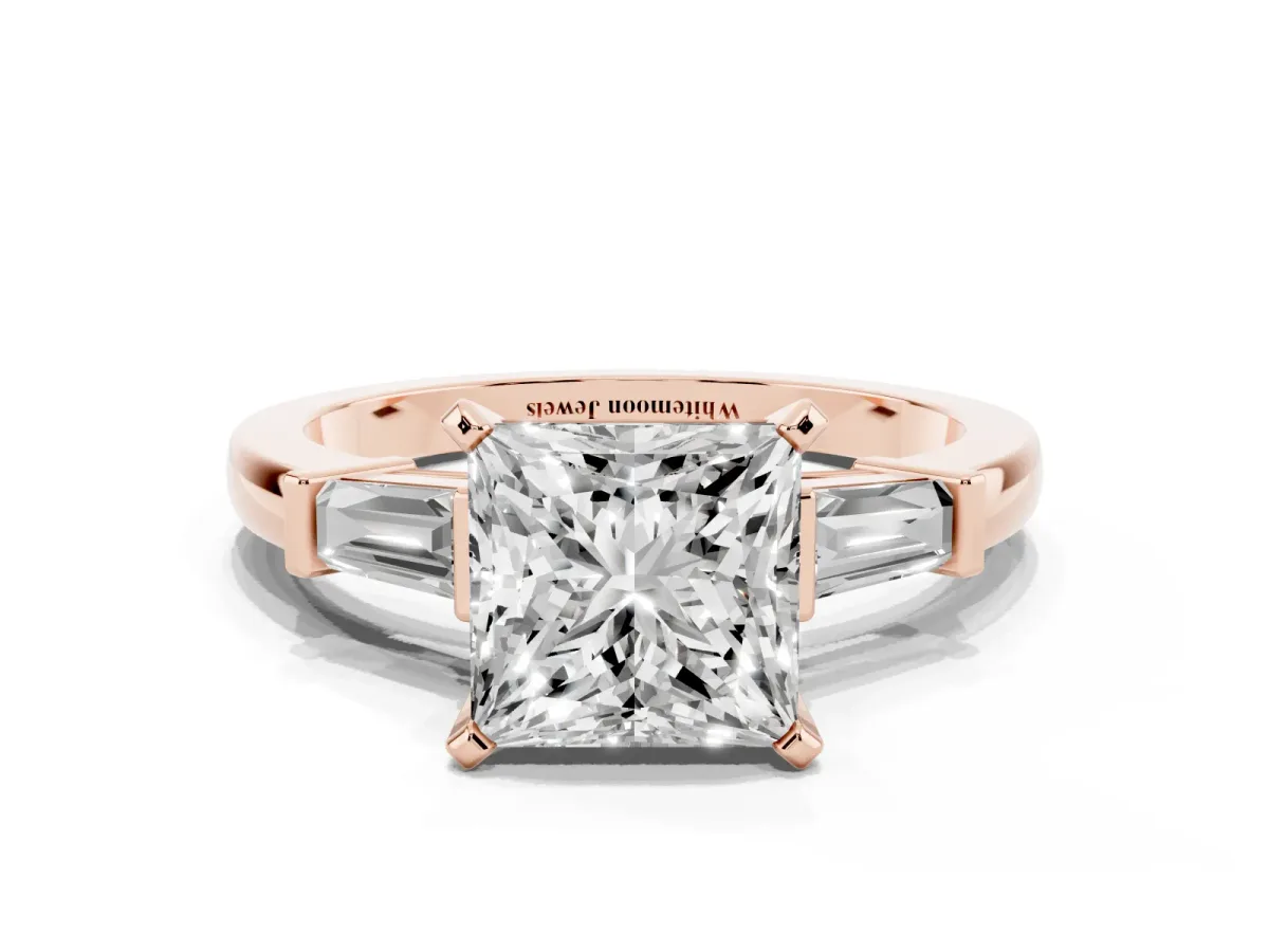 Princess Cut Cut Diamond Solitaire Ring with Tapered Baguette Accents and Four-Prong Setting Rose gold