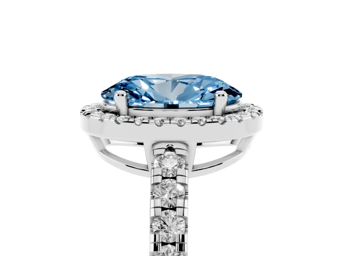 Fancy Blue Oval Cut Diamond Halo Ring with Pavé Band and Four-Prong Setting White gold