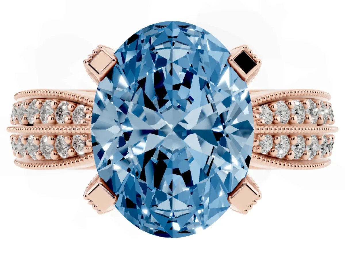 Fancy Blue Oval Cut Diamond Solitaire Ring with Milgrain Round Pavé Band and Prong Setting Rose gold