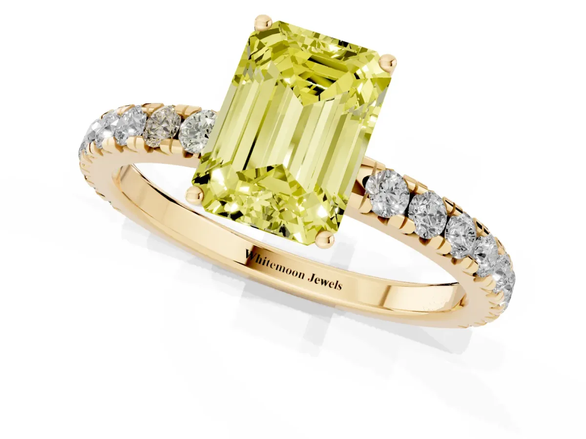 Fancy Yellow Emerald Cut Diamond Pavé Solitaire Engagement Ring with Four-Prong Setting Yellow gold