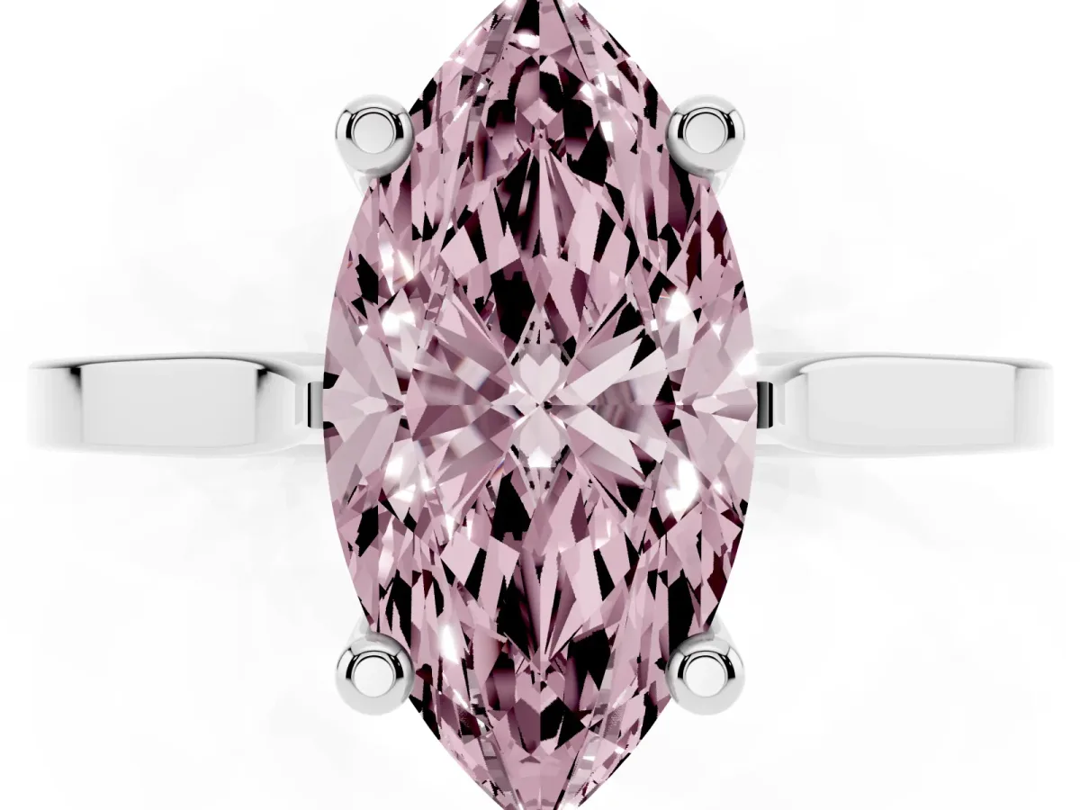 Fancy Pink Marquise Cut Solitaire Diamond Ring with Four-Prong Setting and Tapered Band Silver