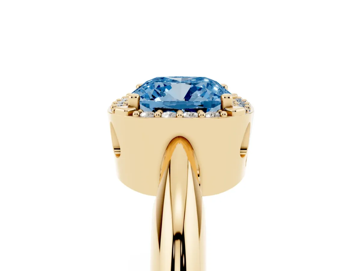 Fancy Blue Cushion Cut Cut Diamond Halo Engagement Ring with Split Shank and Four-Prong Setting Yellow gold