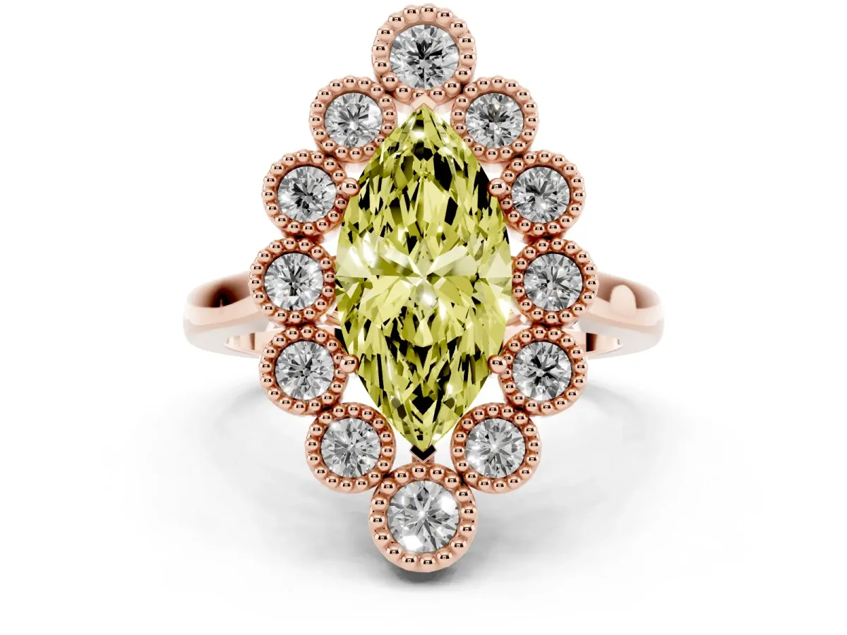 Fancy Yellow Marquise Cut Halo Diamond Cluster Engagement Ring with Milgrain Bezel Setting and Solitaire Band Rose gold