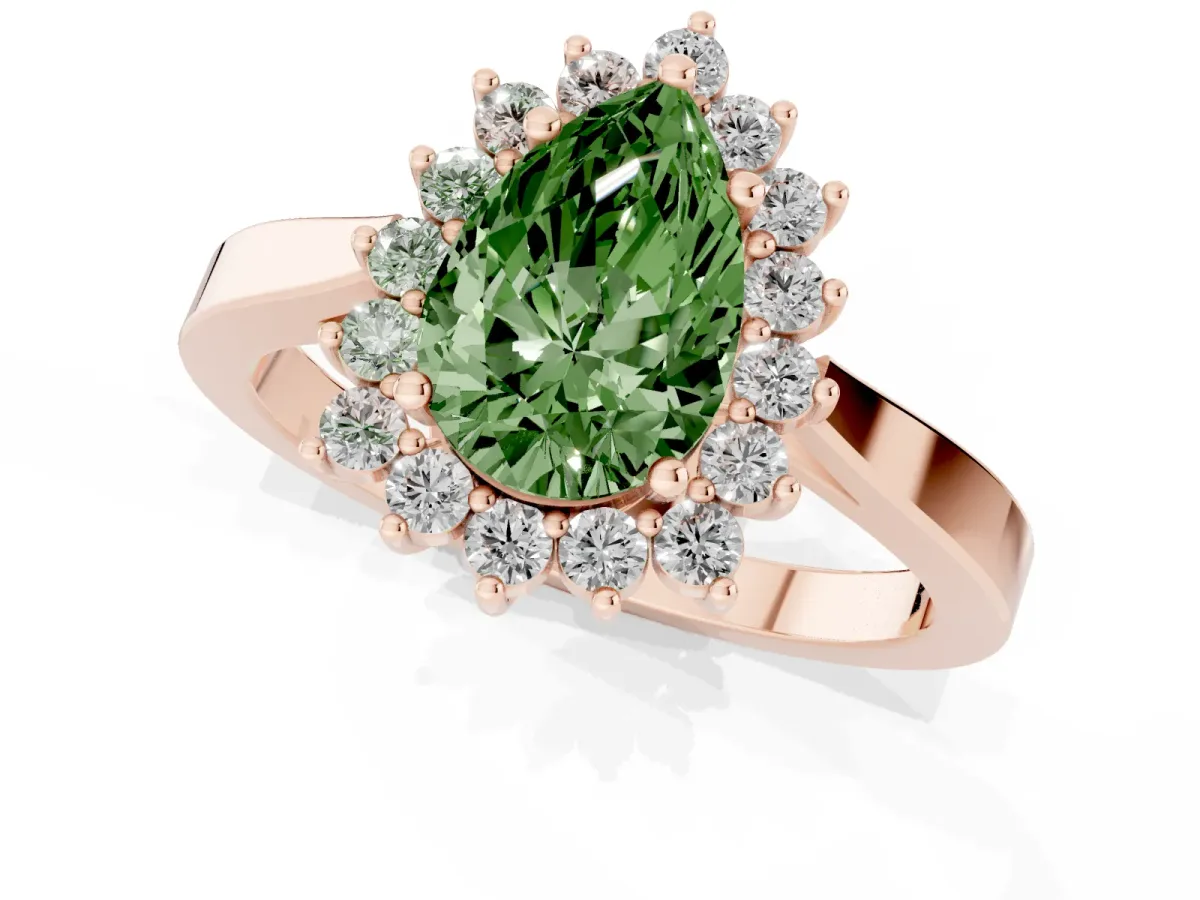 Fancy Green Pear Cut Cut Diamond Halo Ring with Round Brilliant Halo and Solitaire Band Rose gold