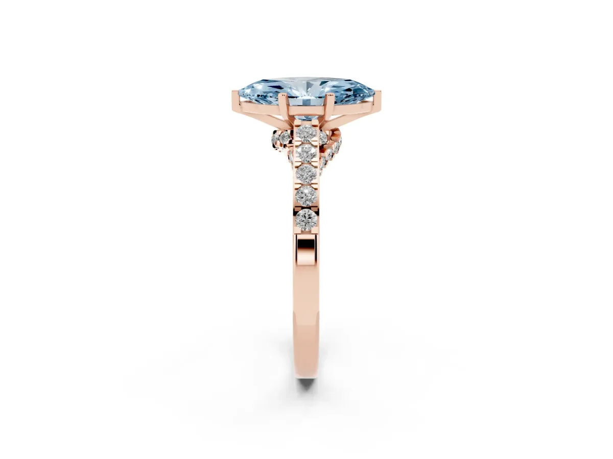 Fancy Blue Marquise Cut Diamond Solitaire Ring with Crossover Gallery and Round Pavé Band Rose gold