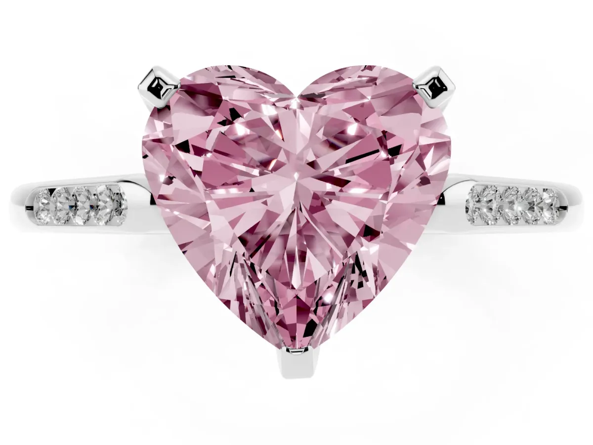 Fancy Pink Heart Cut Diamond Solitaire Ring with Channel Set Round Band and Prong Setting Silver