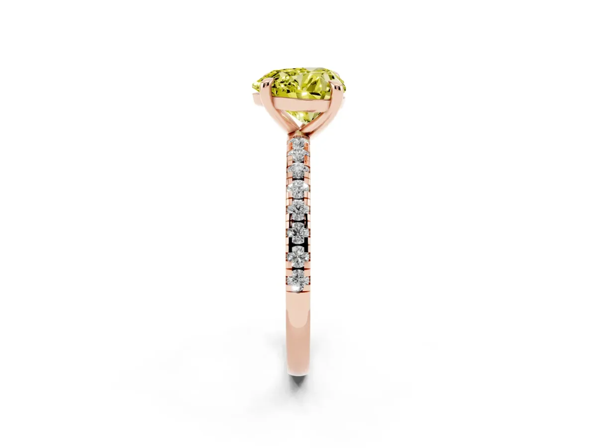 Fancy Yellow Heart Cut Diamond Brilliant Solitaire Ring with Pavé Band and Four-Prong Setting Rose gold