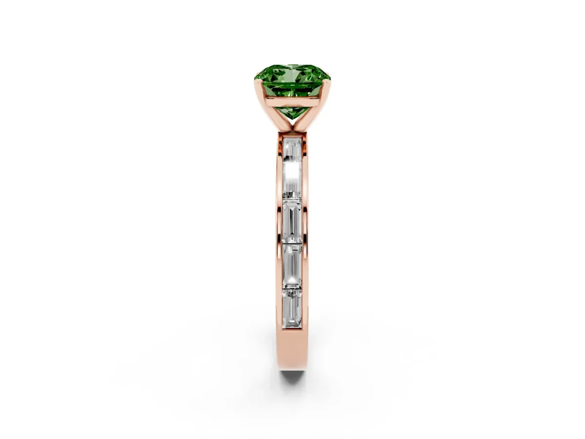 Fancy Green Cushion Cut Solitaire Diamond Ring with Channel-Set Baguette Band and Four-Prong Setting Rose gold