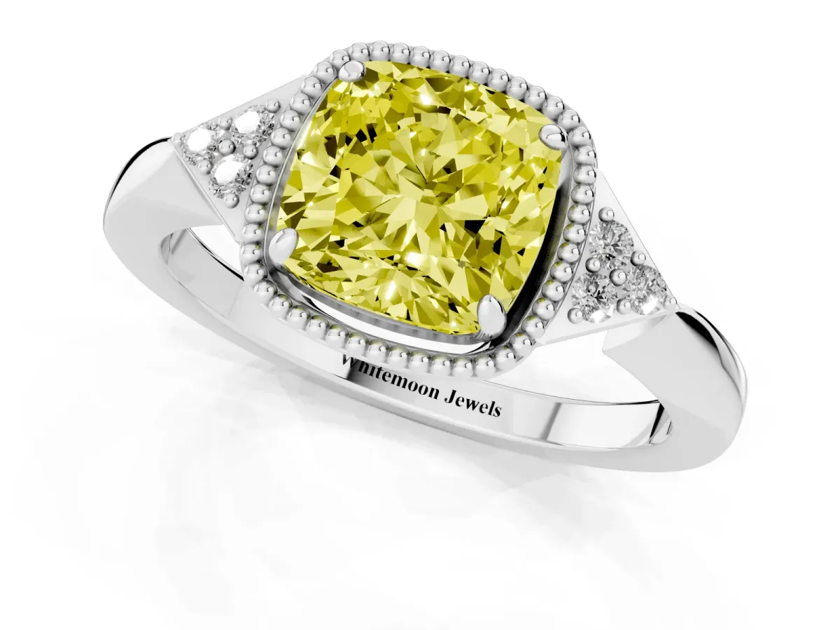 Fancy Yellow Hexagonal Halo Cushion Cut Diamond Solitaire with Pavé Band and Four-Prong Setting White gold