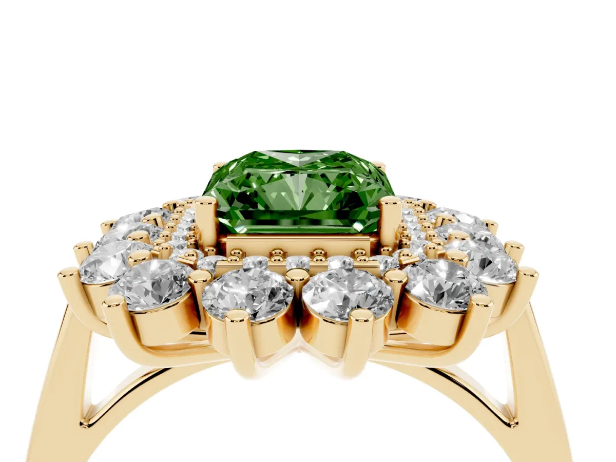 Fancy Green Radiant Cut Diamond Floral Double Halo Engagement Ring with Prong Setting Yellow gold