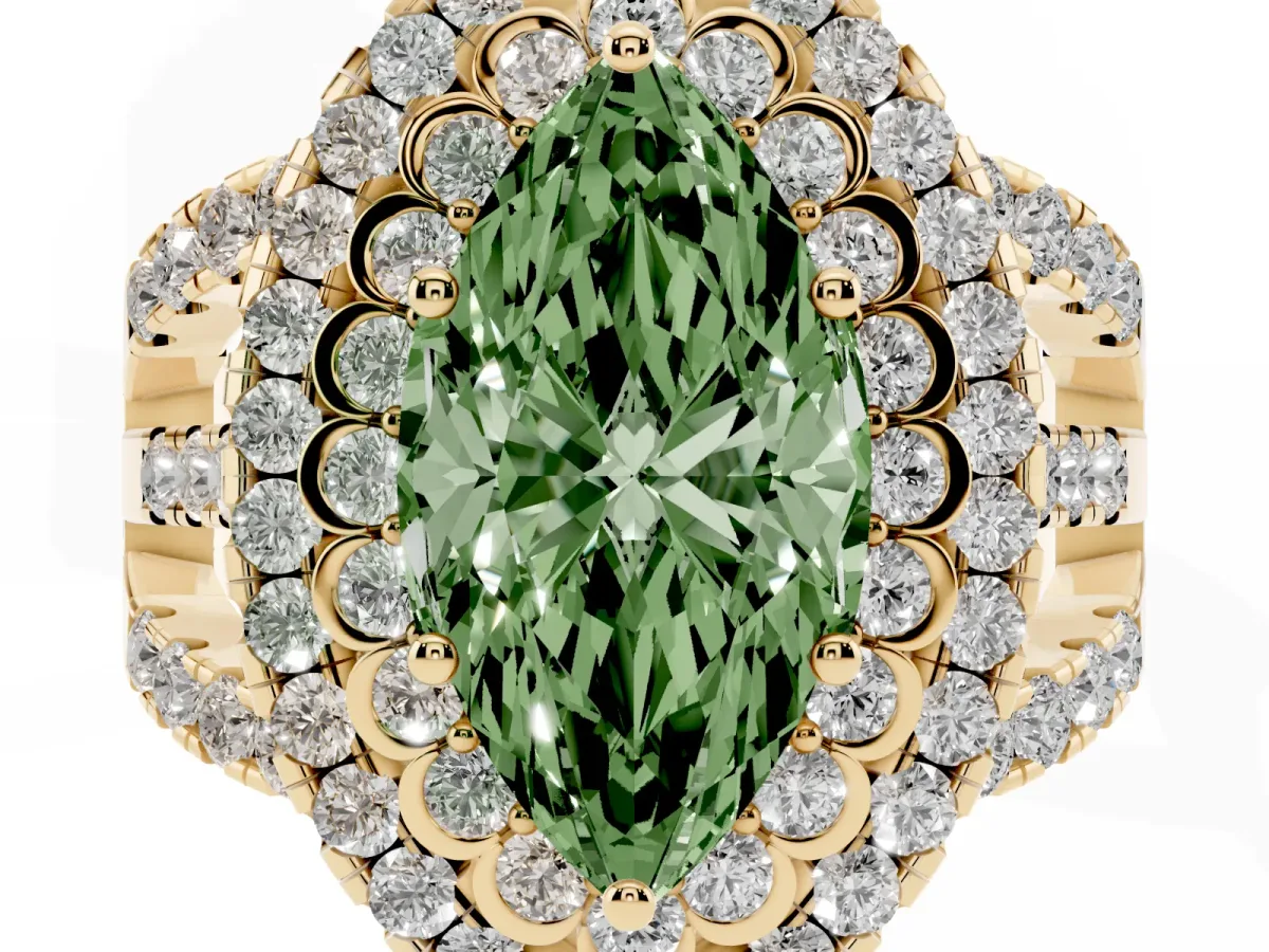 Fancy Green Marquise Cut Diamond Double Halo Ring with Round Pavé Split Shank and Prong Setting Yellow gold