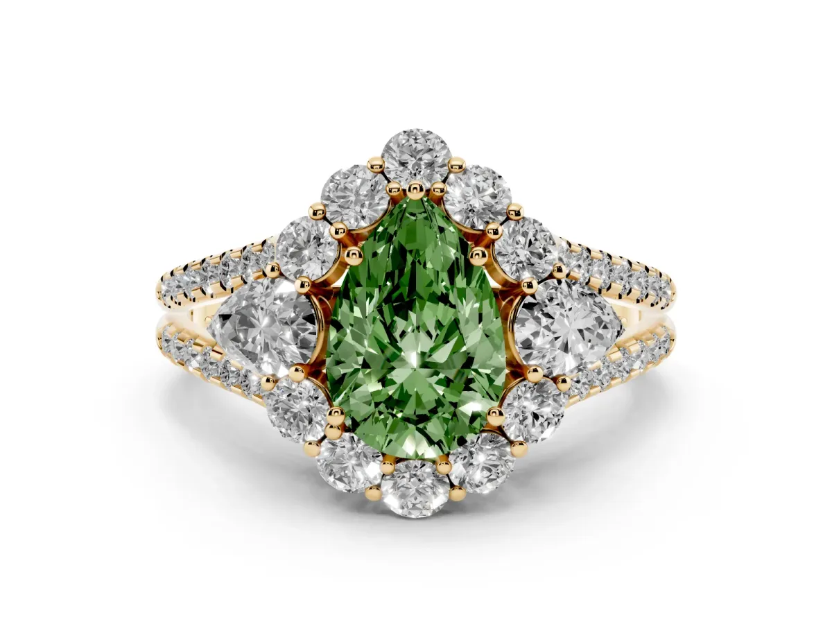 Fancy Green Pear Cut Halo Split Shank Diamond Engagement Ring with Prong Setting Yellow gold