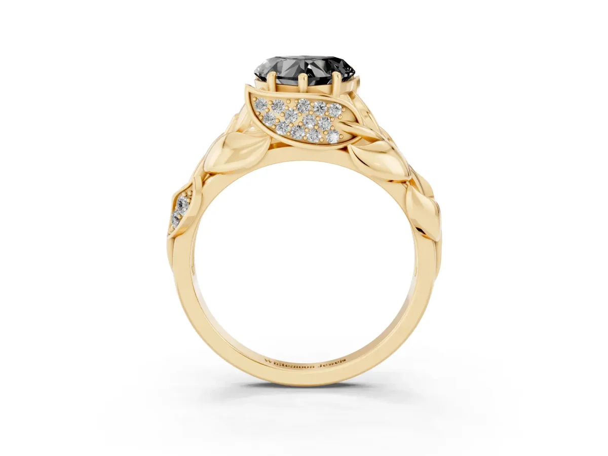 Fancy Black Heart Cut Diamond Leaf-Inspired Engagement Ring with Round Accents and Prong Setting Yellow gold